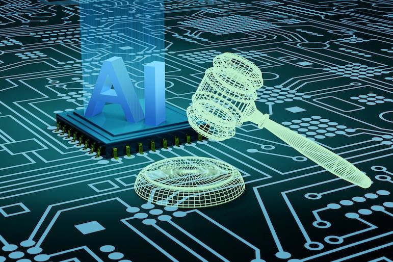AI image of a gavel and computer chip