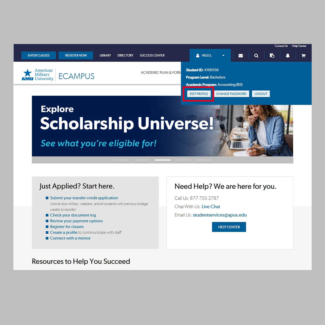 ecampus edit profile screenshot