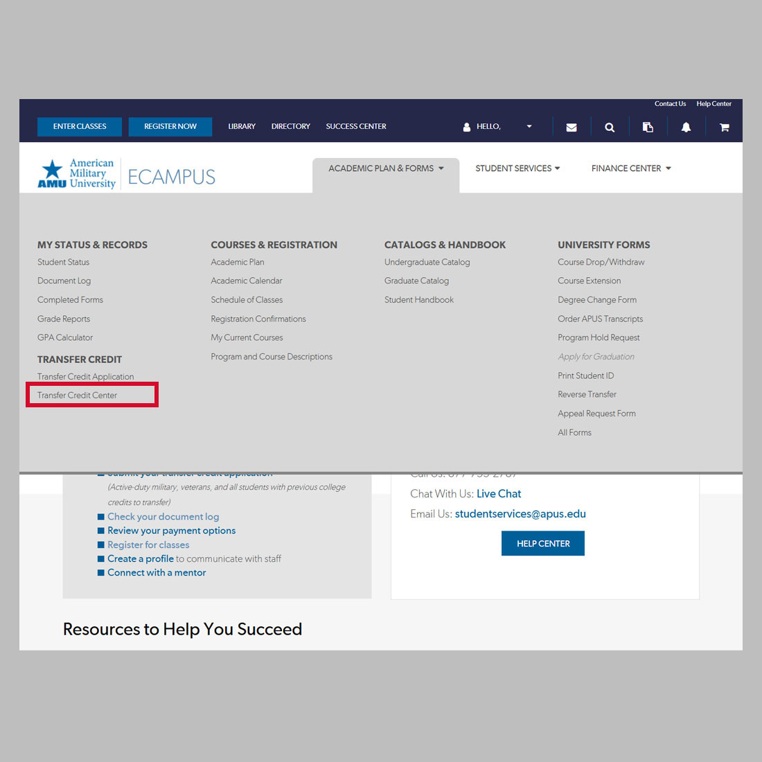 Ecampus menu displaying transfer credit