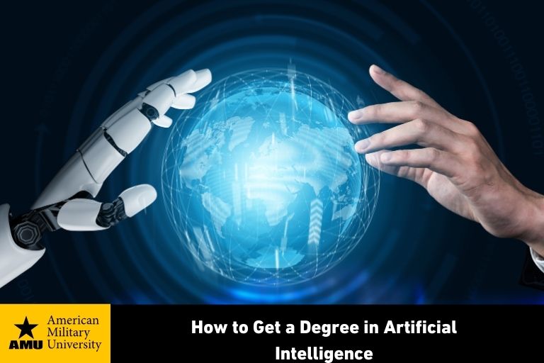 artificial intelligence depicted by robot hand and human hand touching digital globe