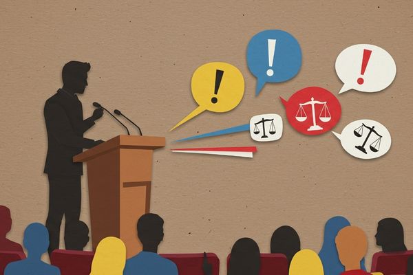 candidate at podium discussing political science vs. international relations