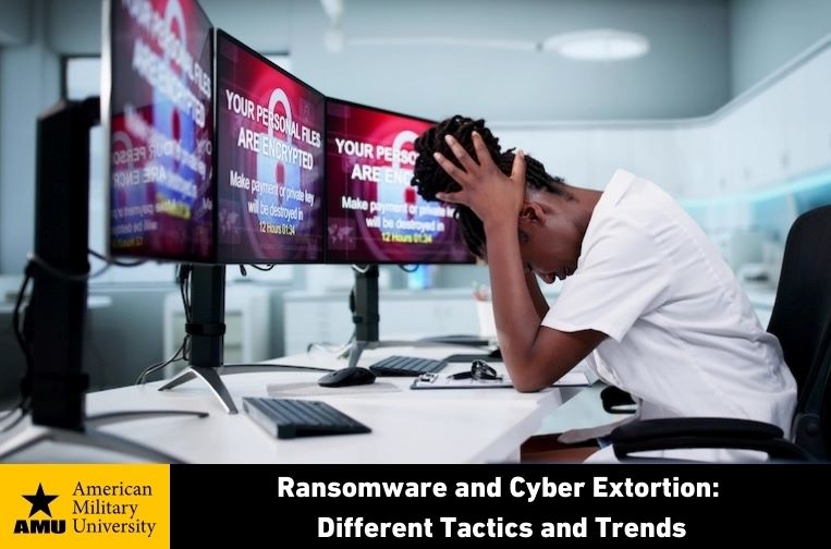 ransomware-and-cyber-extorsion girl at computer with ransomware on screen