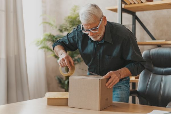 reverse logistics manager taping a shipping box