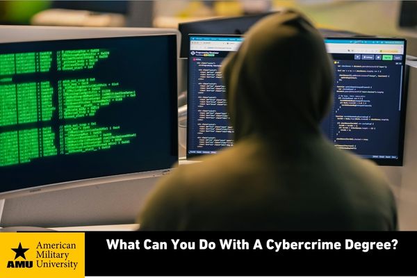 cybercriminal wearing hood looking at code on computer