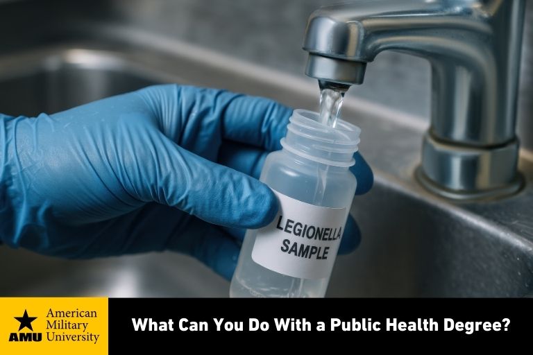 public health employee filling sample bottle with water